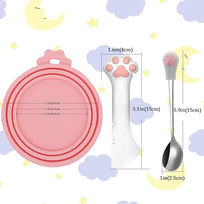 SJANE Cat Food Can Spoons & Can Lids | 4 Pcs | Multi-function Opener | Silicone Pet Food Covers | Stainless Steel Wet Food Spoon for Cats and Dogs(Pink)