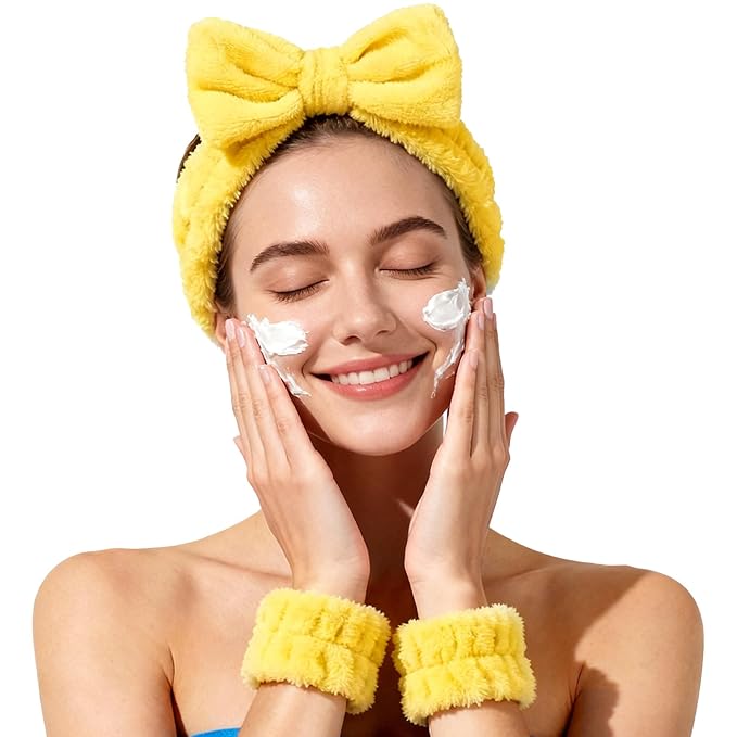 Fmeida Skincare Headband and Face Washing Wristband Set Spa hair band for Makeup, Shower -Yellow,3 Pack