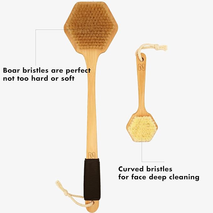 NORTHSONG Deep Cleaning Body & Face Scrubber Set Extra Long17.72Inch Bamboo Back Brush with Wild Boar Bristles&Gentle Facial Cleansing Brush for All Skin Types Ideal for Elderly, Sensitive Skin