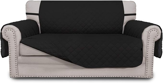 Easy-Going Reversible Loveseat Couch Cover for 2 Cushion Couch Sofa Cover for Dogs Water Resistant Furniture Protector with Foam Sticks Elastic Straps for Pet (Loveseat, Black/Black)