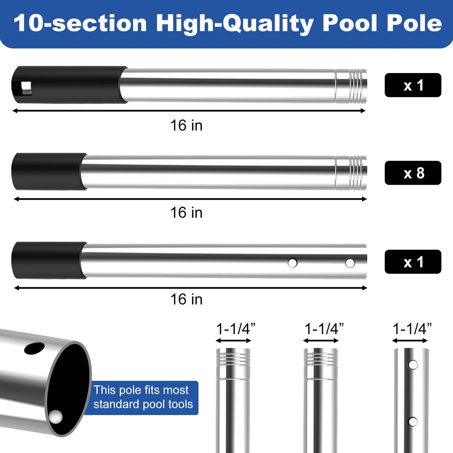 QNFANN Pool Pole Telescopic 12 Ft Heavy Duty, Professional Adjustable Stainless Steel Swimming Pool Pole for Skimmer Net, Brush, Vacuum Head, Strong Grip & Lock, Pool Cleaning Pole, Pool Brush Pole