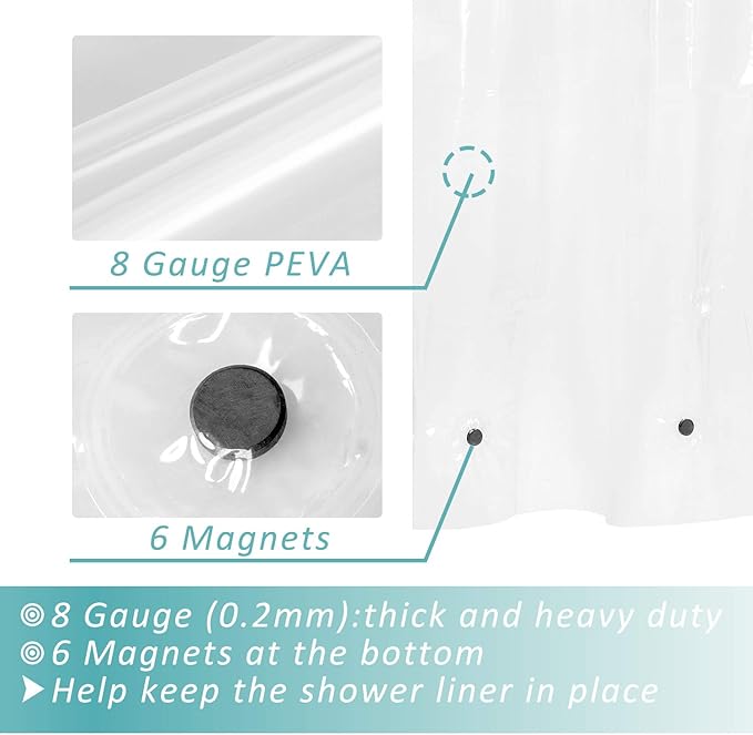 Mrs Awesome Long Shower Curtain Liner with 6 Magnets 72 x 78 inch, PEVA 8G Thick & Heavy Duty Plastic Shower Curtain for Bathroom, Waterproof,72x78, Clear
