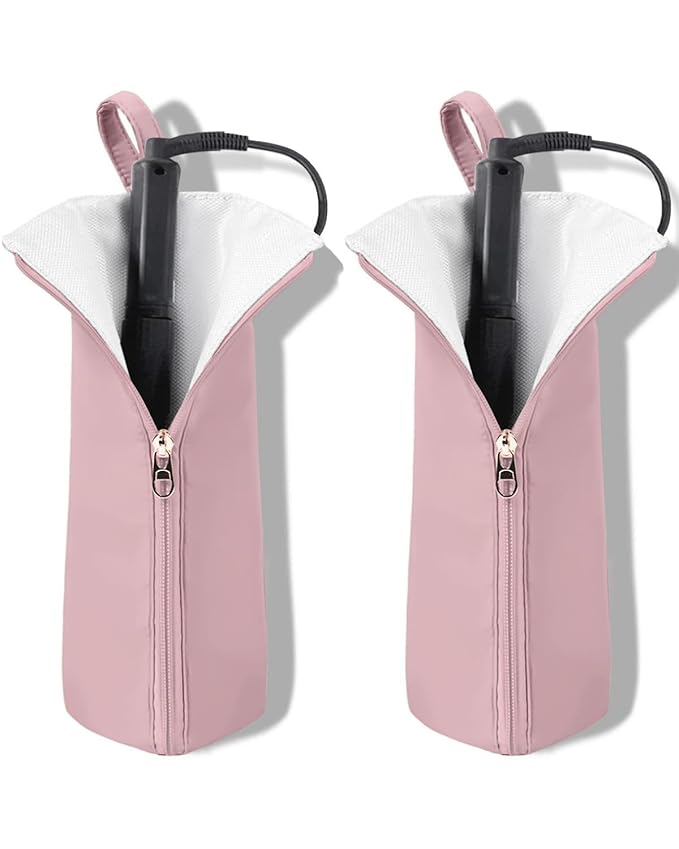 Holder & Mat for Curling Iron Flat Iron, Heat Resistant Hot Hair Tool Travel Bag Case (pink 2 pack)