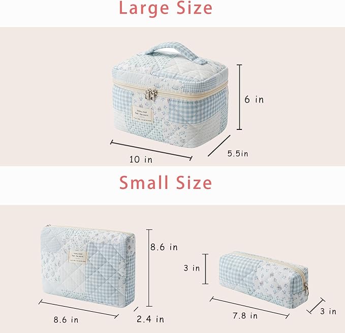 uekeboag Large Travel Quilted Makeup Bag for Women, Floral Cotton Cosmetic Bag, Coquette Aesthetic Floral Toiletry Organizer Bag