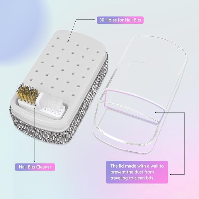 2 in 1 Nail Drill Bits Holder: 30 Holes Nail Bits Organizer Case with Cleaner Brush, Dustproof Efile Nail Tech Bits Storage Container Box Manicure Tools Accessories Display for Salon Home(Only Box)
