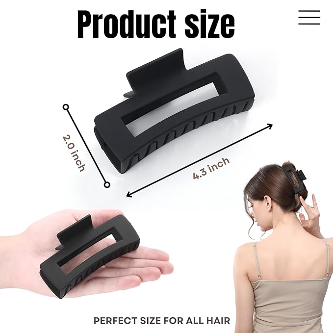 12 Pack Large Black Square Hair Claw Clips for Women, 4.3 Inch Matte Rectangle Claw Clips, Strong Hold & Non-Slip for Thick or Thin Hair