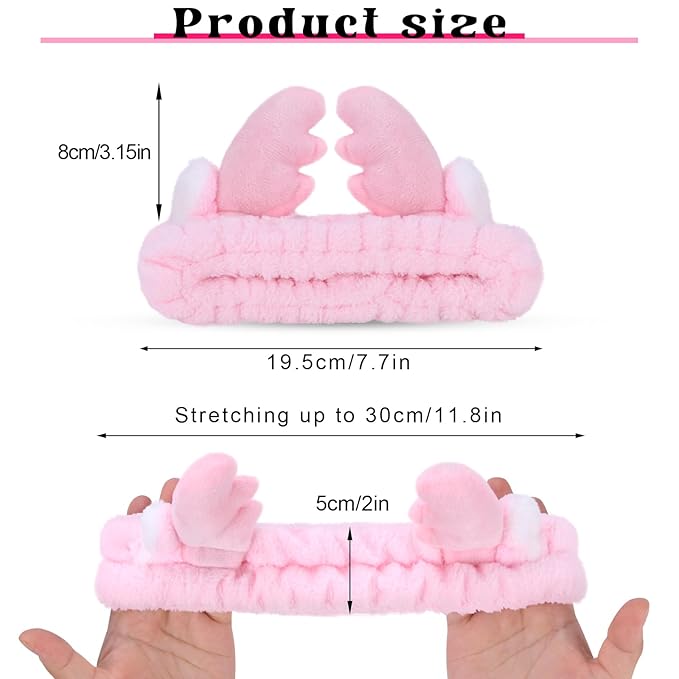 Jowmoy Cute Pink antlers Headband Frog Eye Elastic to Wash Face for Women Makeup Shower Spa.