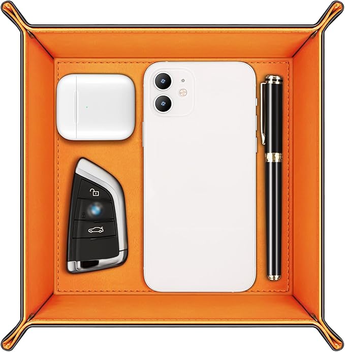 SITHON Valet Tray Desktop Storage Organizer Ã¢ÂÂ Premium PU Leather Catchall Bedside Vanity Tray Nightstand Caddy Holder for Remote Controller, Keys, Phone, Wallet, Coin, Jewelry (Orange)