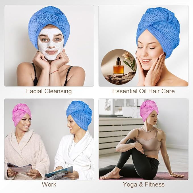 HOMEXCEL 2 Pack Large Microfiber Hair Towels Waffle Weave- 40 x 26.5 inches Fast Drying Turbans for Long, Thick, Curly Hair - Anti Frizz Wrap with Elastic Strap, Blue/Pink