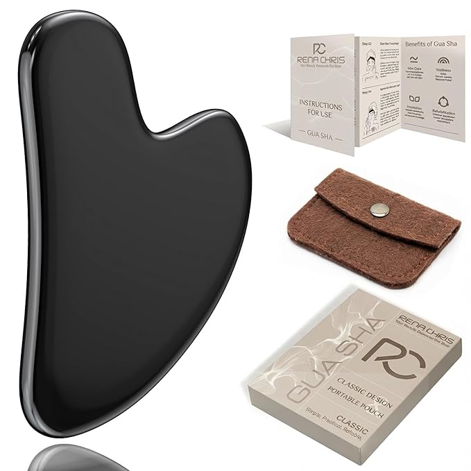 Rena Chris Gua Sha Facial Tools, Stainless Steel Guasha Tool for Acupuncture, Manual Massage Tool for Jawline Sculpting and Puffiness Reducing, Gua Sha Facial Tool, Skin-Care Gift (Metallic Black)