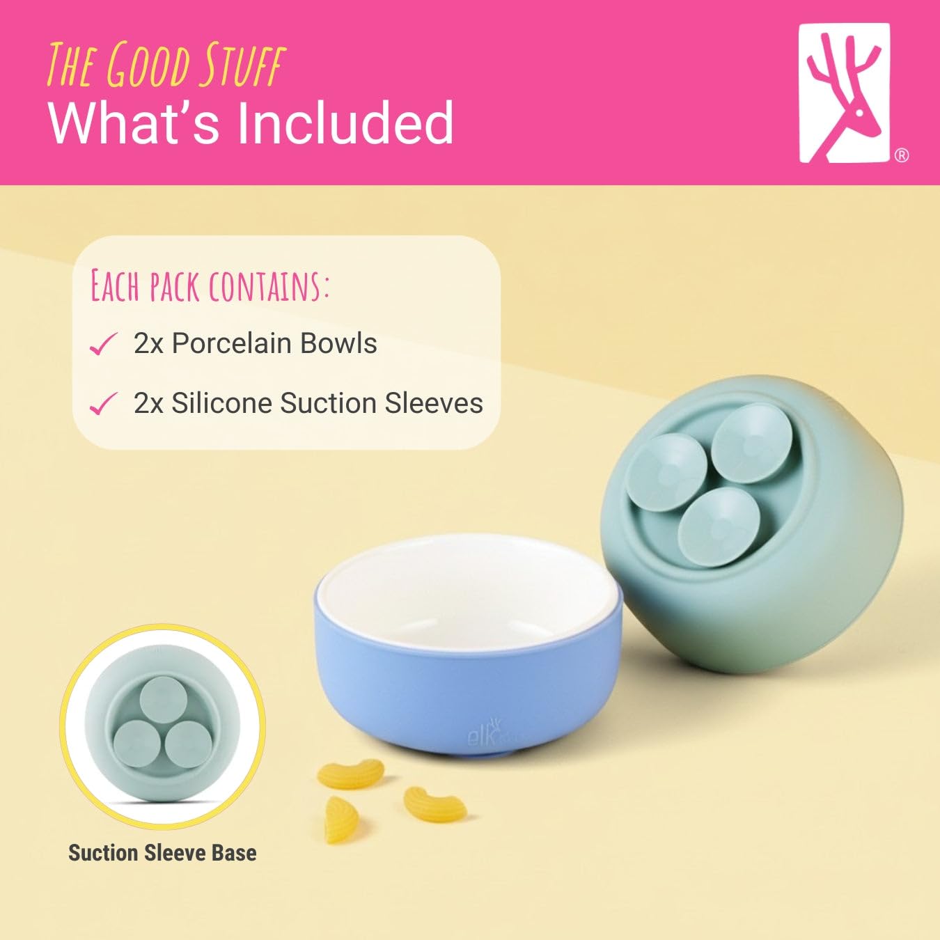 Elk and Friends Kids Porcelain Bowls with Silicone Suction Sleeves | Suitable for Babies/Toddlers | Microwave & Dishwasher Safe | Stay Put Dinnerware | Snack Dishes | 2 Pack