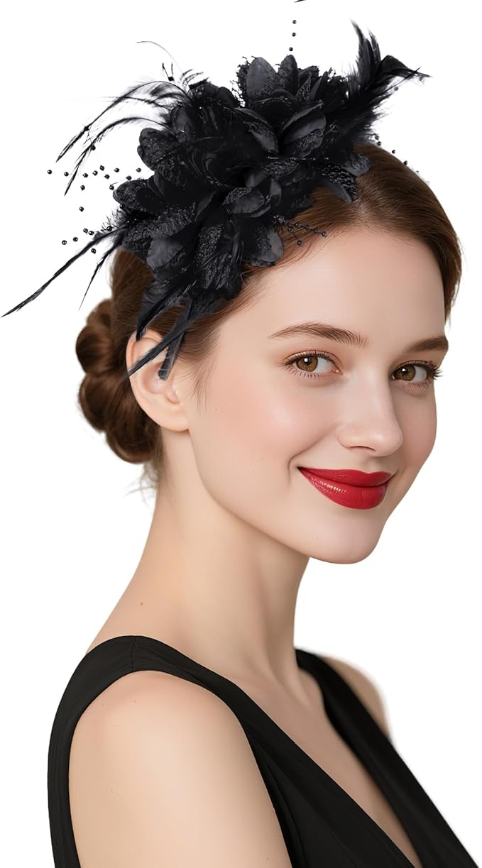 Womens Fascinators Hats Tea Party Hats for Women, Feather Pearl Veil Headband for Wedding Cocktail Dresses Accessories