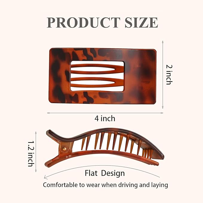4 Pack Large Flat Hair Clips for Women, Rectangle Non-slip Lay Down Claw Clips, French Strong Hold No Crease Barrettes for Thick & Thin Hair, Stylish Square Hair Accessories(Tortoise)
