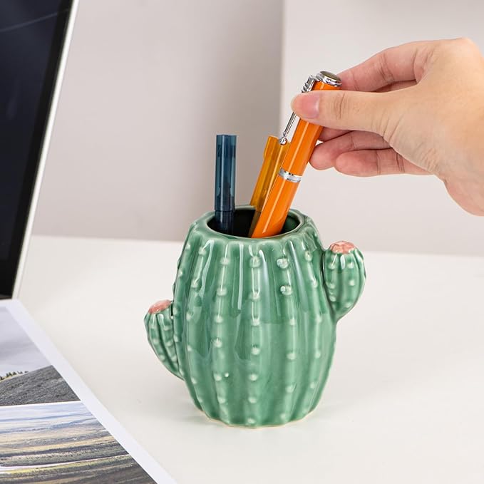 Ceramic Cactus Pen Holder Stand Cup Cactus Pencil Holder Organizer Makeup Brush Holders for Home Office Desk (Green Cactus)