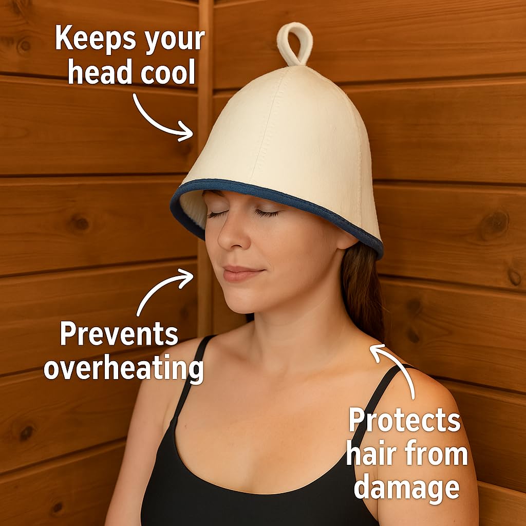 Premium Sauna Hat – 100% Natural Wool, Handmade Sauna Headwear for Men and Women – Eco-Friendly, Breathable, Insulating Hat for Sauna, Steam Room, Banya, and Bathhouse – One Size Fits All, White-Blue