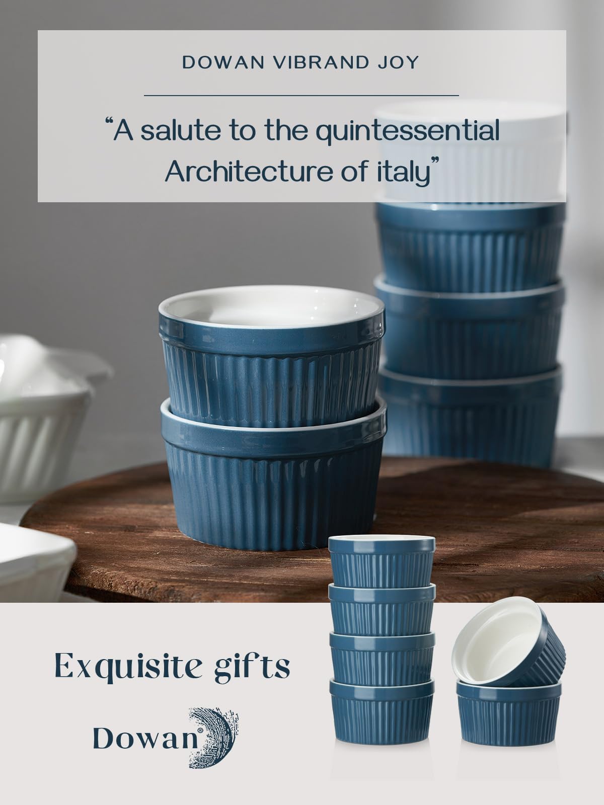 DOWAN 8 oz Porcelain Ramekins Bowls for Souffle, Creme Brulee, Classic Style Ramekins for Baking Oven Safe, Set of 6, Airy Blue