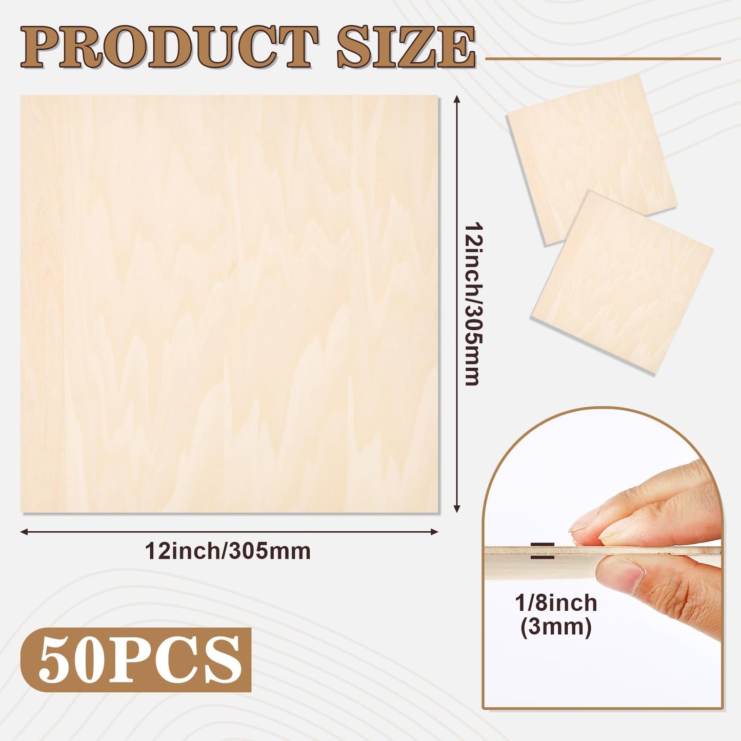 MITINU 50 Pack Basswood Sheets for Crafts,12"x12"x1/8" 3mm Thick Plywood Sheets with Smooth Surfaces-Unfinished Squares Wood Boards for Laser Cutting, Wood Burning, Architectural Models, Staining