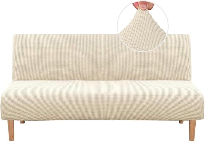 H.VERSAILTEX Armless Futon Cover Stretch Sofa Bed Slipcover Protector Elastic Feature Rich Textured High Spandex Small Checks Jacquard Fabric Futon Cover, Machine Washable, Natural