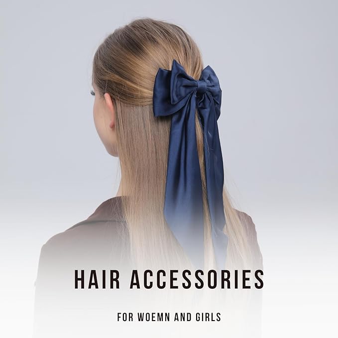 2PCS Big Hair Bow Clips for Women Girls Ã¢ÂÂ Navy Blue Satin Ribbon Bow Barrettes with Long Tails, Large Hair Accessories for Ponytail, Party, Wedding & Everyday Wear