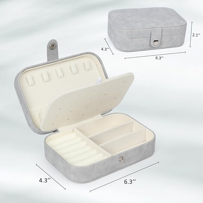 Hatori Travel Jewelry Box, PU Leather Small Jewelry Organizer for Women Girls, Portable Mini Travel Case Display Storage Holder Boxes for Stud Earrings, Rings, Necklaces, Bracelets (Grey)