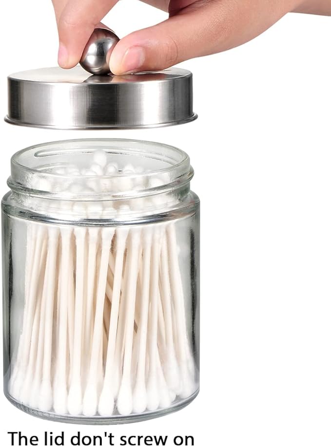 Amolliar 4 Pc Glass Apothecary Jars - Countertop Qtip Dispenser Holder with Stainless Steel Lids&Cute Stickers -Bathroom Vanity Storage Organizer Set for Qtips,Cotton Swabs/Rounds (Brushed Nickel)