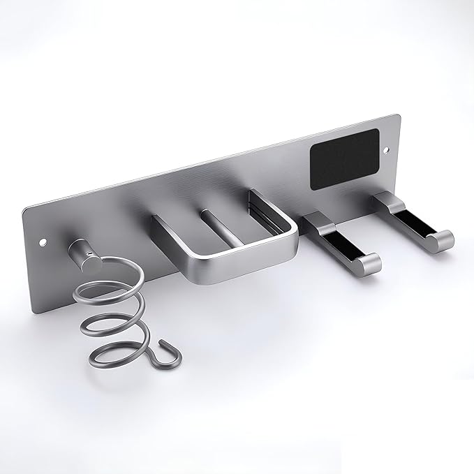 Blow Dryer Holder Wall Mount, 3 in 1 Bathroom Hair Tool Organizer with Curling Iron Holder & Flat Iron Holder, Universal Hair Dryer Holder Rack Storage (Silver)