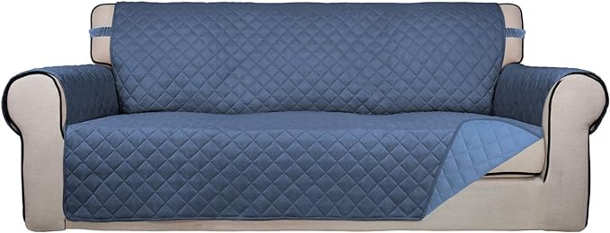 PureFit Reversible Quilted Sofa Cover, Water Resistant Slipcover Furniture Protector, Washable Couch Cover with Non Slip and Elastic Straps for Kids, Dogs, Pets (Sofa, Dark Blue/Light Blue)