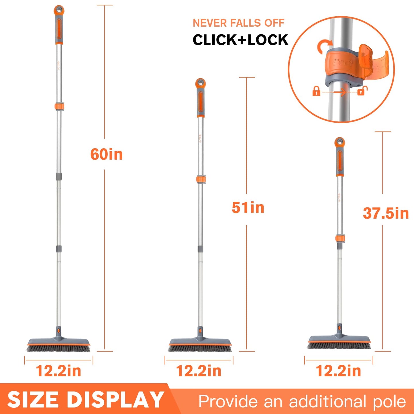 Eazer 2-in-1 Floor Scrub Brush with Long Handle, Soft/Hard Bristle Concrete Deck Brush with Squeegee, Garage Floor Cleaner for Tile/Concrete, Indoor/Outdoor Kitchen Bathroom Pool Deck -12" W/60 H