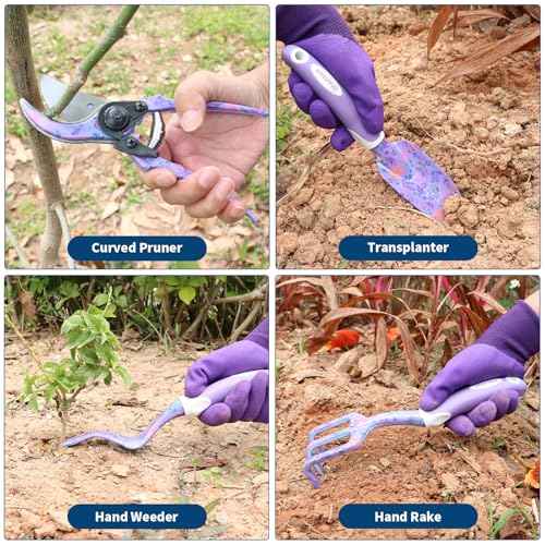 Purple Garden Tool Sets 10-Piece, Aluminum Alloy Steel Hand Tools w/Non-Slip Ergonomic Handle, Floral Print Garden Supplies Organizer Handbag, Cute Gardening Tools Gift for Women Grandmother