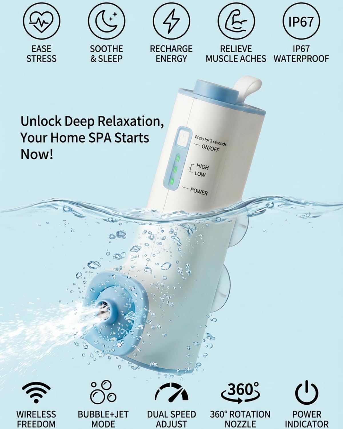 KokoSelene Rechargeable Bath Jets for Tub, Portable Jet Spa for Bathtub, Creates Soothing Bubbles and Massage for Relaxing Daily Use at Home (White-Blue)