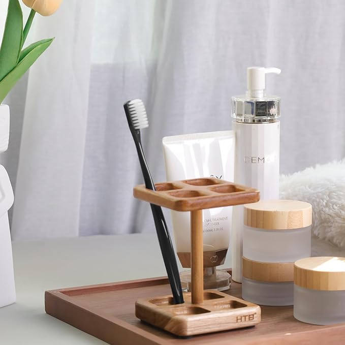 HTB Toothbrush Holders for Bathrooms,Teak Toothbrush Organizer Storage for Countertop,Tooth Brush Stand for Makeup Brush,Razor,Bathroom Accessories