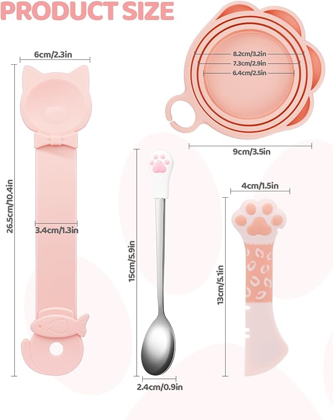 5 PCS Cat Food Can Covers Lids Set - Cute Paw Design Pet Cans Lids Covers with Can Opener, Wet Food Spoon & Cat Treat Squeeze Spoon for Cats, Dogs (Pink)