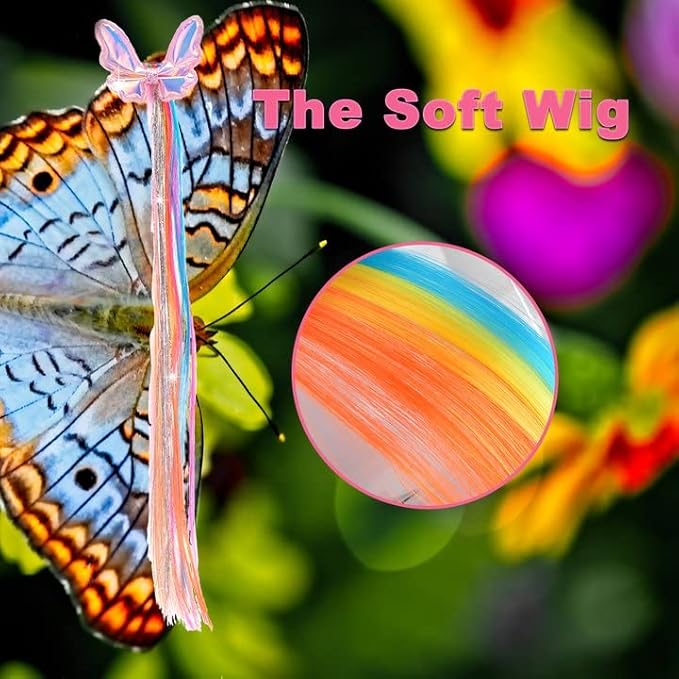Little World 6 Pcs Rainbow Hair Extensions, Unicorn Hair Clips for Girls' Ponytails - Colored Accessories