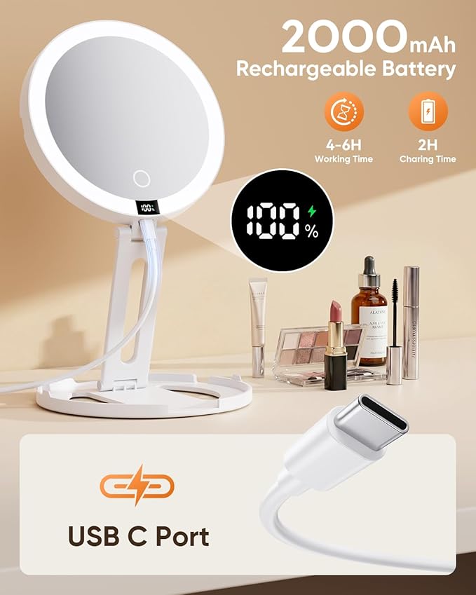 Travel Makeup Mirror with Lights (Gen 3) - 20X/1X Dual Sided Magnifying Mirror with Digital Power Display - Rechargeable, 3 Color Dimmable, CRI 95+ - Portable Folding Design