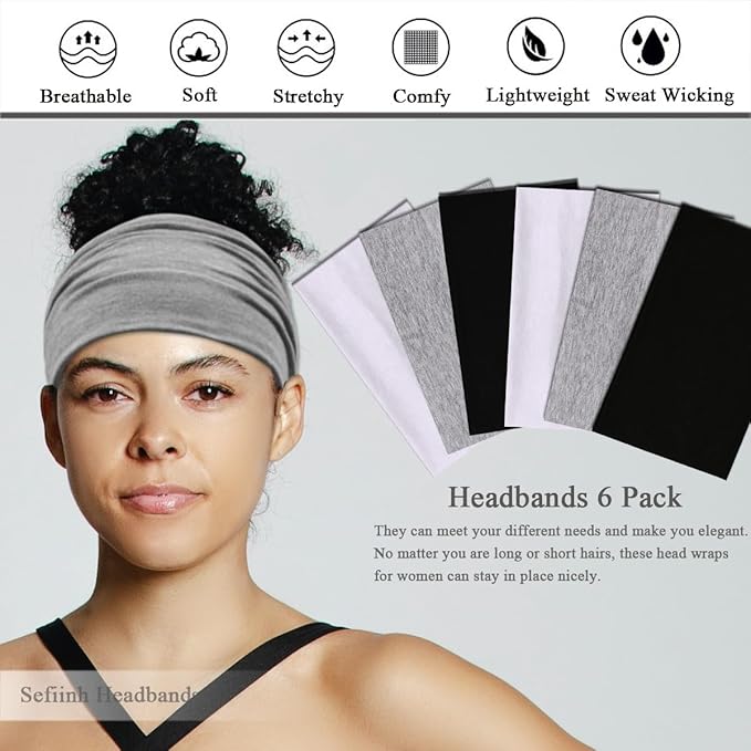 Sefiinh Wide Headbands For Women Stretch Headband Boho Head Bands Women's Hair Band Turban Workout Hairband Accessories Black Gray White 6 Pack