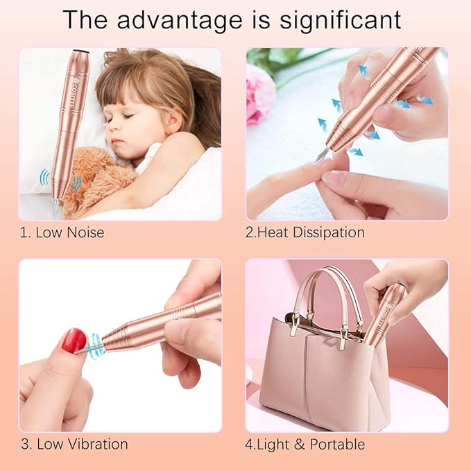 Electric Nail Drill, USB Electric Nail Drill Machine for Acrylic Nails, Portable Electrical Nail File Polishing Tool Manicure Pedicure Efile Nail Supplies for Home and Salon Use, Gold