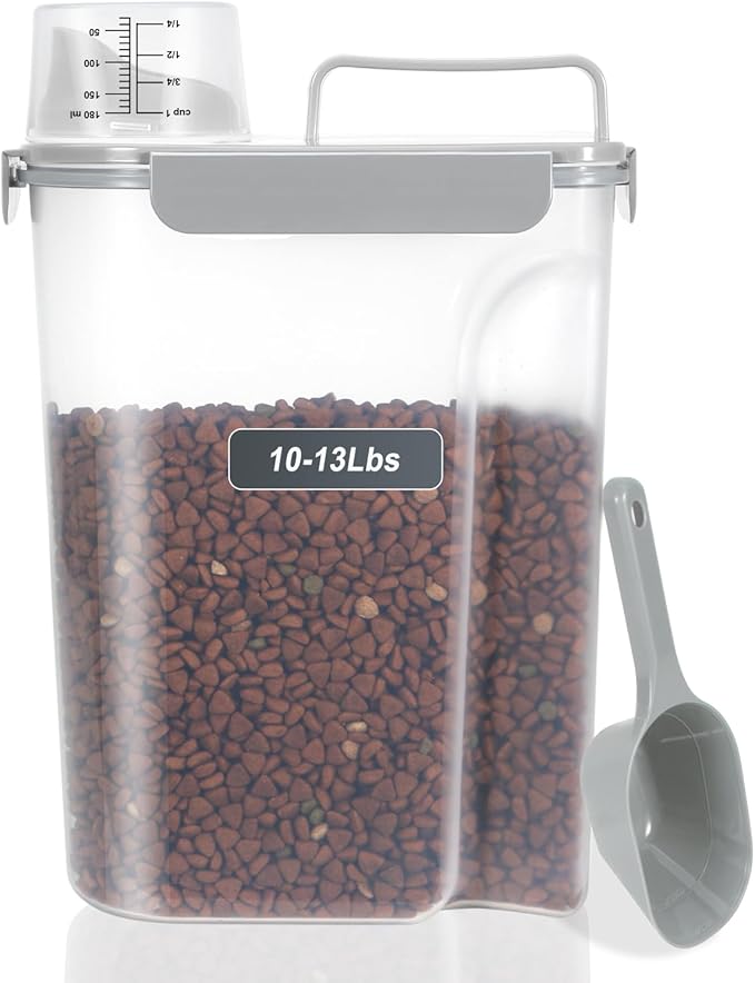 10-13 Lbs Upgrade Capacity Dog Cat Food Storage Container, Pet Dog Treat Container, Airtight, Clear Bucket Body, With 2-Cup Scoop, Handle, Large Nozzle, 4-Safety Buckles, Easy to Clean, Gray