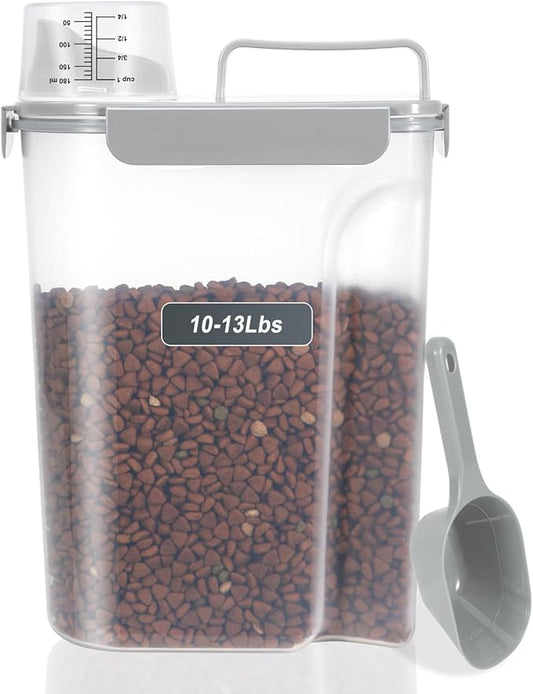 10-13 Lbs Upgrade Capacity Dog Cat Food Storage Container, Pet Dog Treat Container, Airtight, Clear Bucket Body, With 2-Cup Scoop, Handle, Large Nozzle, 4-Safety Buckles, Easy to Clean, Gray