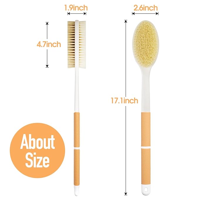 Backski Body Scrubber Anti Slip for Shower, Shower Brush Long Handle with Stiff and Soft Bristles, Body Wash Exfoliating Back Scrubber for Bath or Dry Brushing Body Brush(Orange)