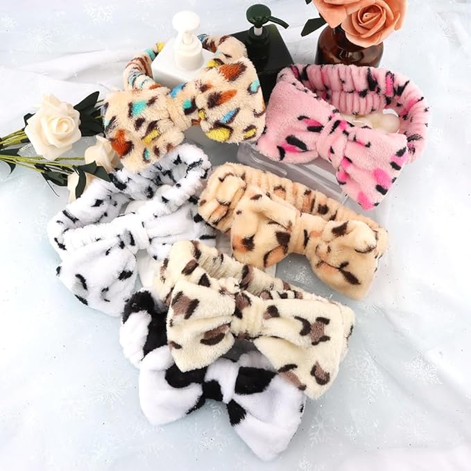 SPA Headbands for Washing Face Makeup Headbands with Bow Laurel Hair Band Women Facial Head Band Wrist Towel Wraps For Shower Face Mask Pink White, 6 Pack