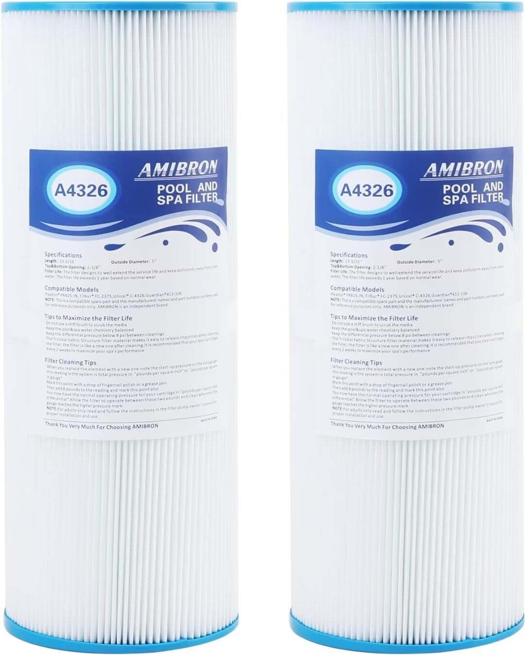 AmiBbon PRB25-IN Spa Filters, Replaces For Unicel C-4326, Filbur FC-2375, FC-2370,Guardian 413-106,817-2500,17-2327, 33521, 25392, 303909, M-4326, R173429, 25 sq.ft. 5X13 Drop in Hot Tub filter 2 Pack