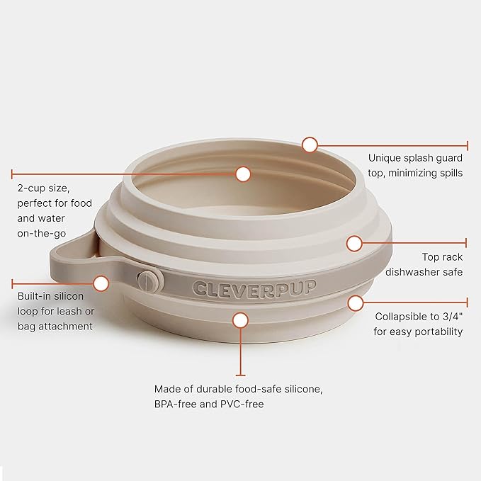 Cleverpup Nomad Small Collapsible Travel Dog Bowl - 2 Cup BPA-Free Silicone for Small & Medium Dogs, Portable, Sturdy, Food & Water, Dishwasher Safe - Sand