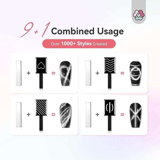 SAVILAND Cat Eye Magnet for Nails: 10PCS CatEye Gel Nail Polish Strong Nail Magnets Set 1000＋Styles Creation Magnetic Wand Quicker DIY Nail Art Tools for Enthusiasts Technicians Salon Home Studio
