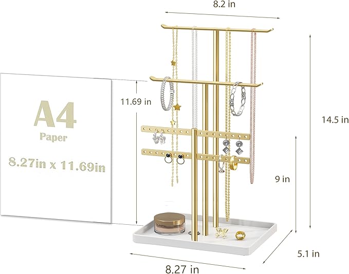 pickpiff Jewelry Stand Holder Organizer: 14.5" Sturdy Hanger for 80 Pcs Jewelry, Gift for Women, Gold Jewlery Tower for Necklace, Earring, Bracelet