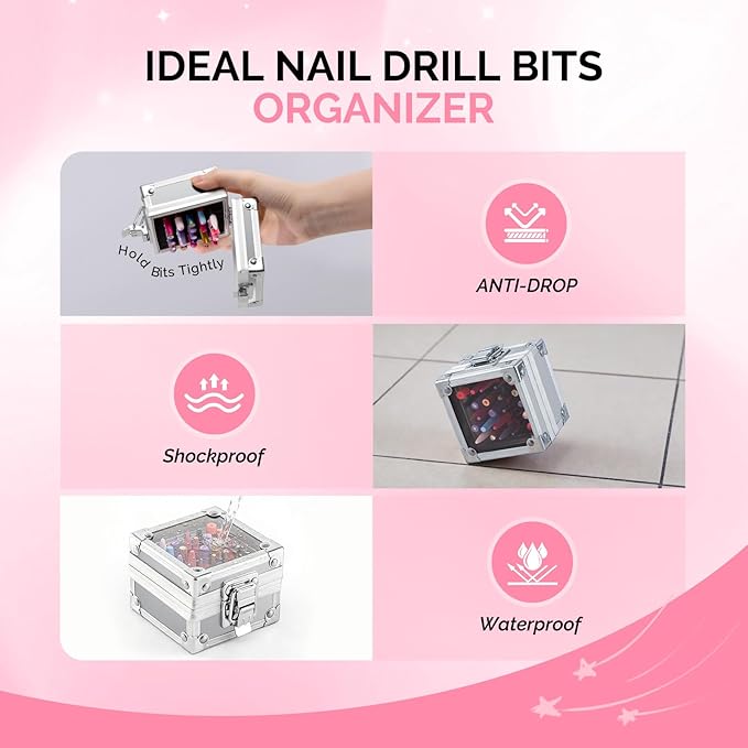 MelodySusie Nail Drill Bits Holder, 25 Holes Case, Portable Dustproof Displayer Organizer Container, Nail Tech Professional Nail Art Tool, Travel Salon Home, Silver (Drill Bits Not Included)