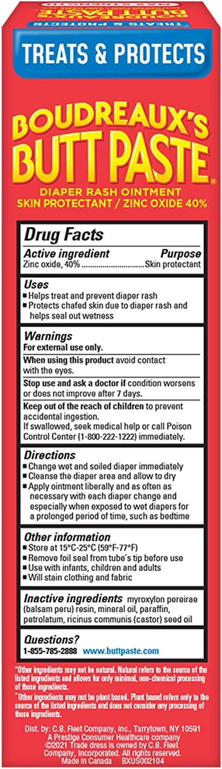 Boudreaux’s Butt Paste Max Strength Diaper Rash Cream for Baby, Ointment With Zinc Oxide, 4 oz Tubes, 3 Pack