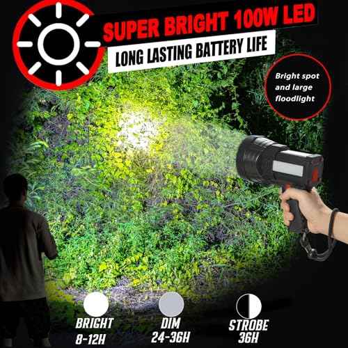 BIGSUN Q953 Rechargeable Spotlight Flashlight, 100,000 High Lumen LED with COB Flood Light, Built-in 10,000 mAh Li-Ion Battery for Patrol, Working, Hunting, Red Lens and Hands-Free Tripod Included