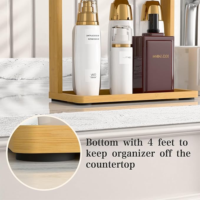 PEKER Bamboo Bathroom Organizer Countertop Ã¢ÂÂ Small Vanity Storage Shelf for Makeup, Perfume, Skincare Ã¢ÂÂ Natural Cosmetics Display Rack for Dresser, Sink, Kitchen Ã¢ÂÂ Natural