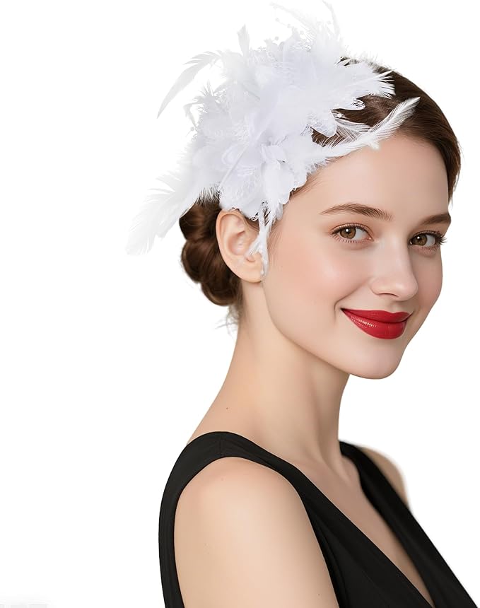 Womens Fascinators Hats Tea Party Hats for Women, Feather Pearl Veil Headband for Wedding Cocktail Dresses Accessories