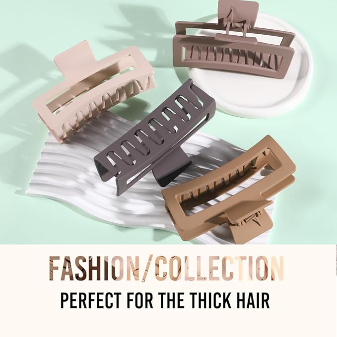 5 Inch Extra Large Claw Clips for Thick Hair and Long Hair, 4 Pack XL Jumbo Matte Rectangle Hair Clips, Oversized Non-Slip Strong Hold Jaw Clips for Women, Big Hair Accessories in Brown Tones
